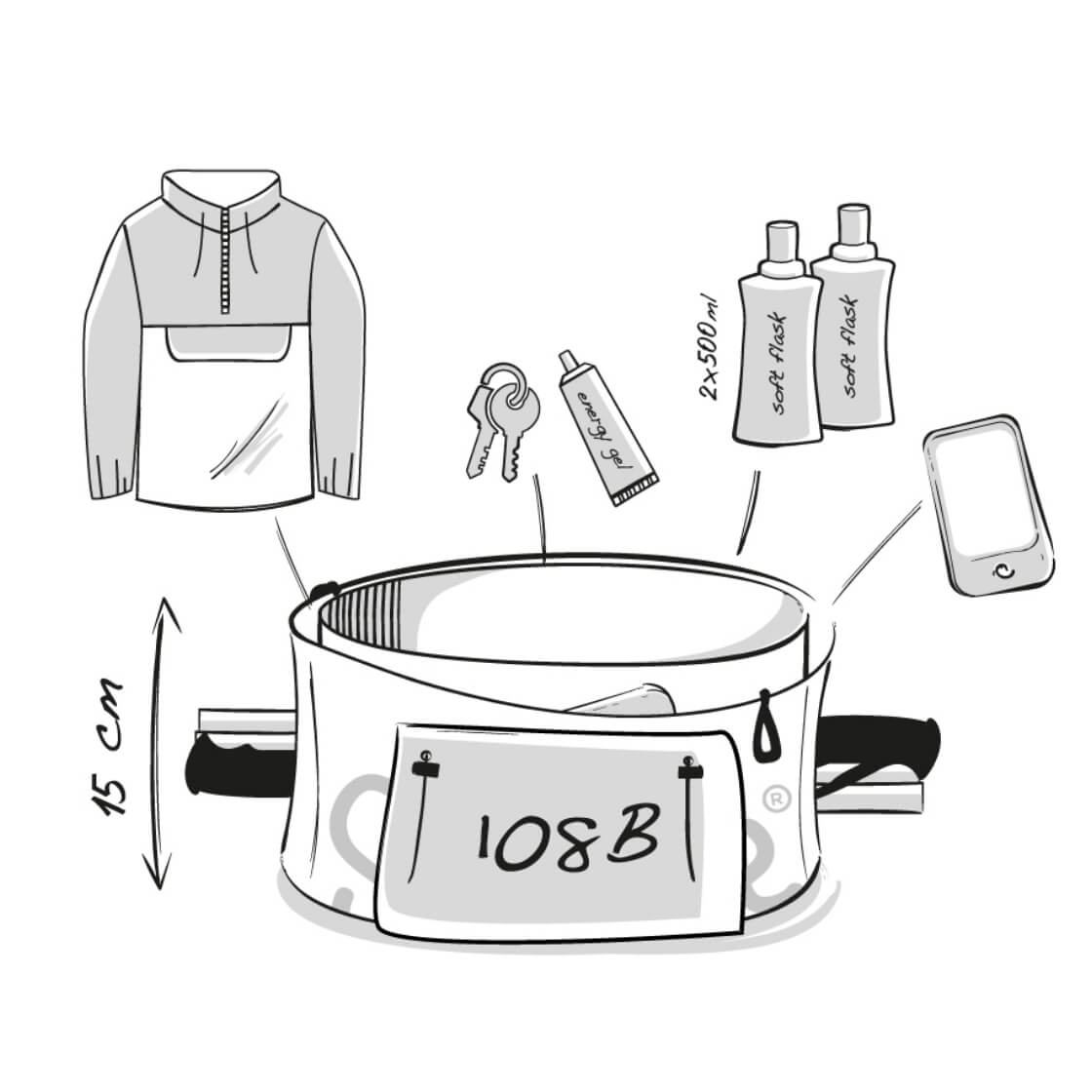 Dessin de la ceinture sammie avec dossard et bâtons pliables pour le tral